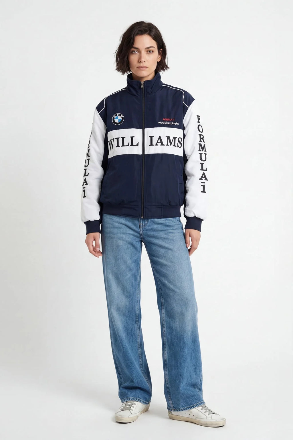 Williams F1 racing jacket with BMW logo, navy and white, worn with jeans from revnhaus