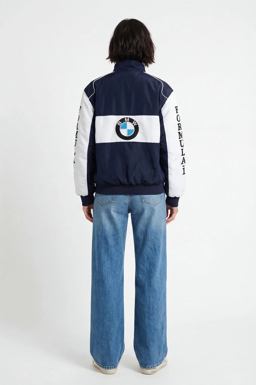 BMW Formula 1 racing jacket with logo back view, navy and white, from revnhaus