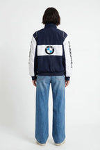 BMW Formula 1 racing jacket with logo back view, navy and white, from revnhaus