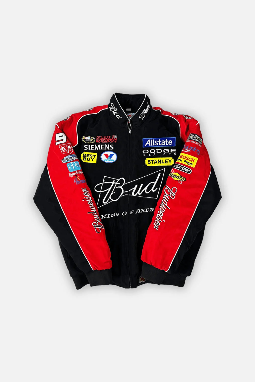 Black and red NASCAR racing jacket with Budweiser, Siemens, Allstate logos from revnhaus