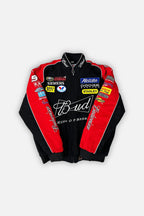 Black and red NASCAR racing jacket with Budweiser, Siemens, Allstate logos from revnhaus