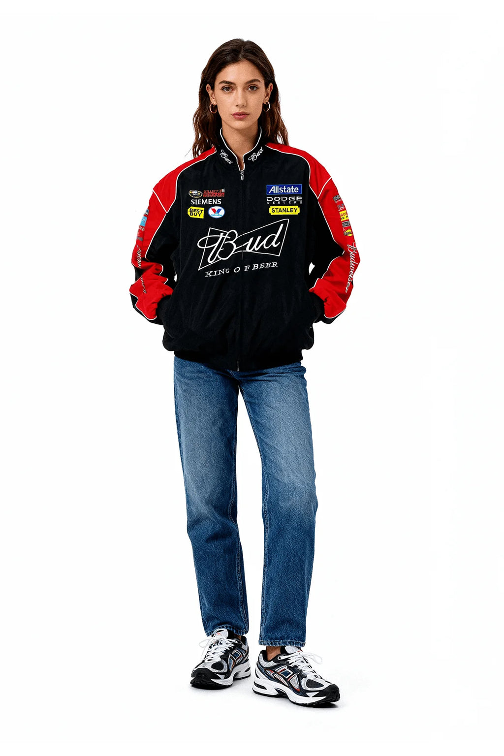 Bud racing jacket with sponsor logos, red accents, and motorsport style from revnhaus
