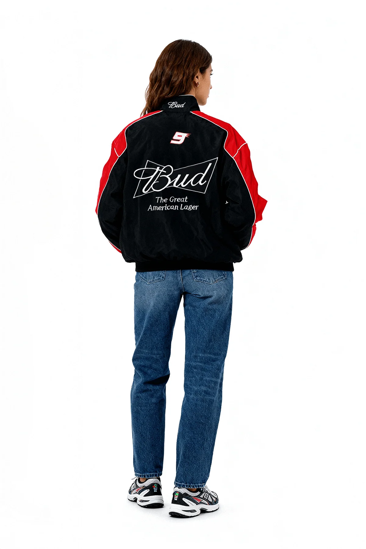 Black and red racing jacket with Bud logo and number 9, worn by woman in jeans from revnhaus