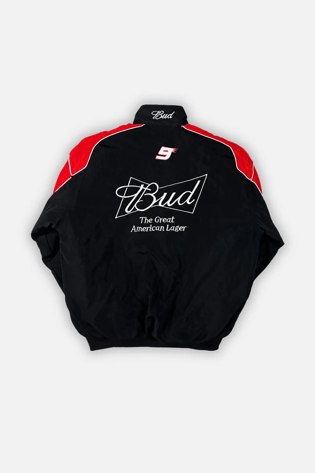 Black and red Bud racing jacket with number 9 and logo, motorsport apparel from revnhaus