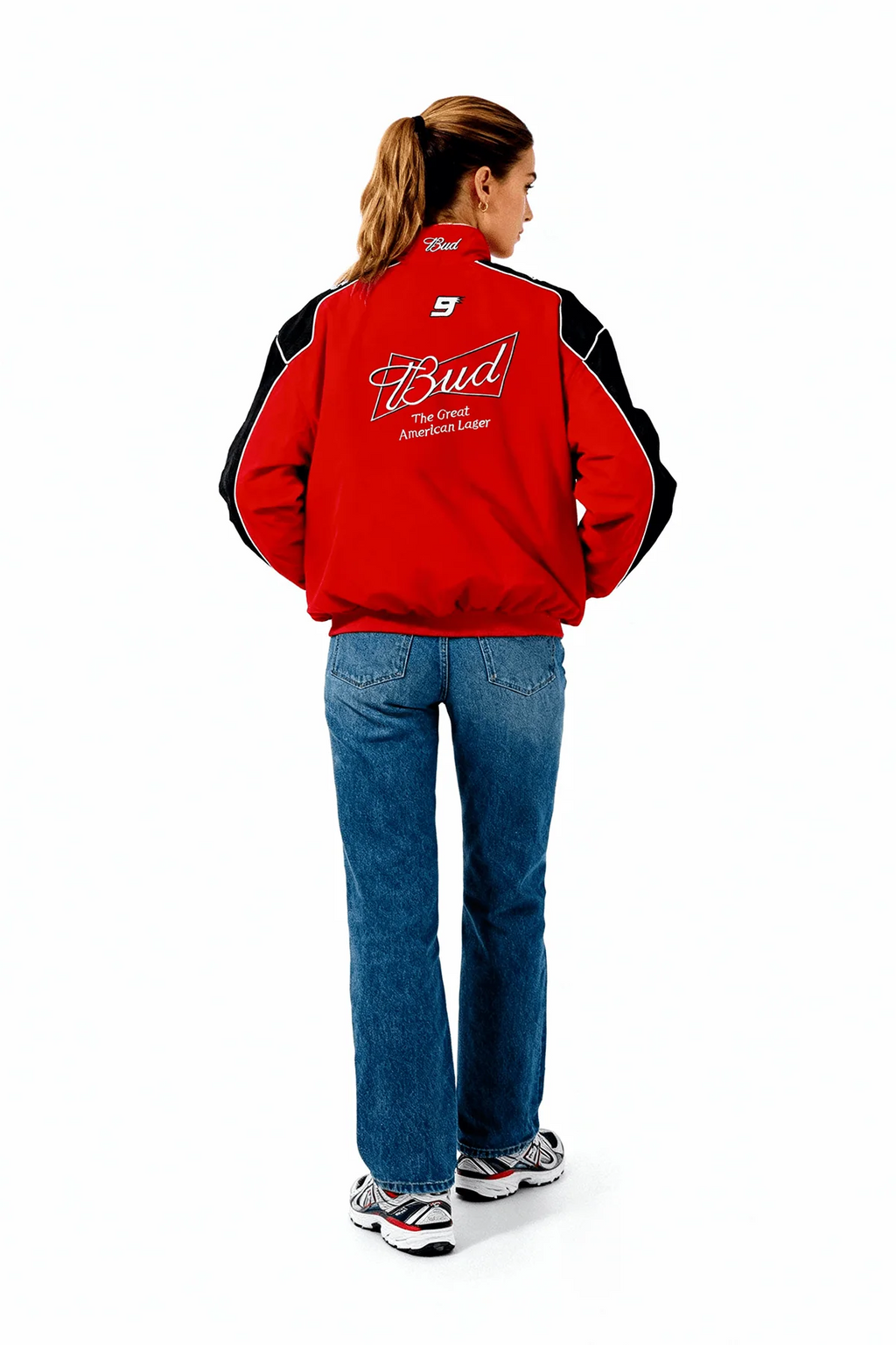 Red Bud racing jacket with black sleeves and #9 logo, worn by woman in jeans from revnhaus