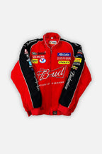 Red and black NASCAR racing jacket with Budweiser, Allstate, and Siemens sponsor logos from revnhaus