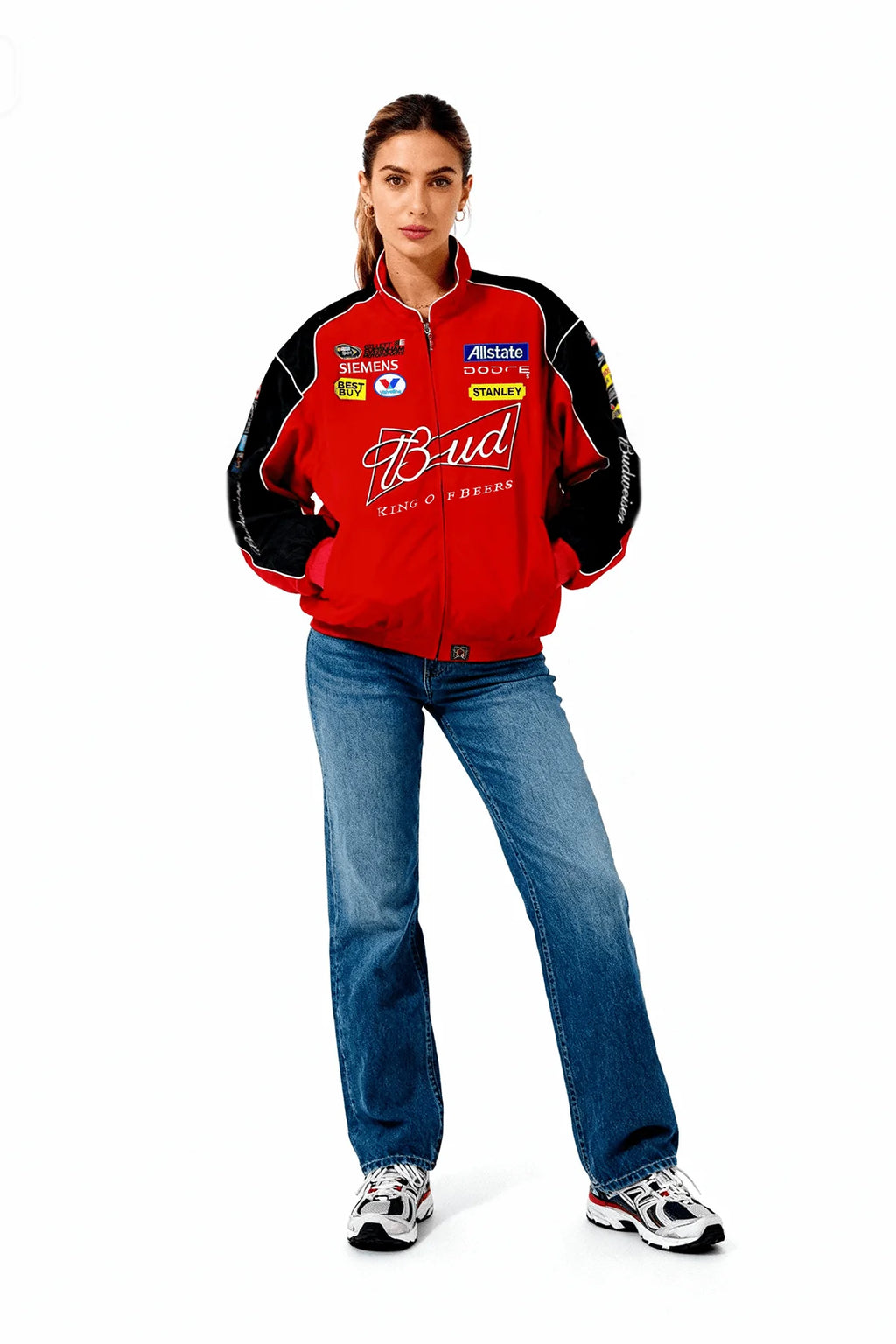 Red and black racing jacket with Budweiser and sponsor logos, styled with jeans and sneakers from revnhaus