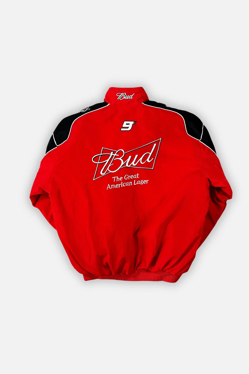 Red Budweiser racing jacket with black shoulders, number 9, and logo on back from revnhaus