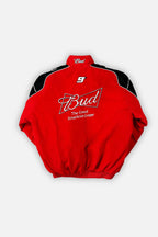 Red Budweiser racing jacket with black shoulders, number 9, and logo on back from revnhaus