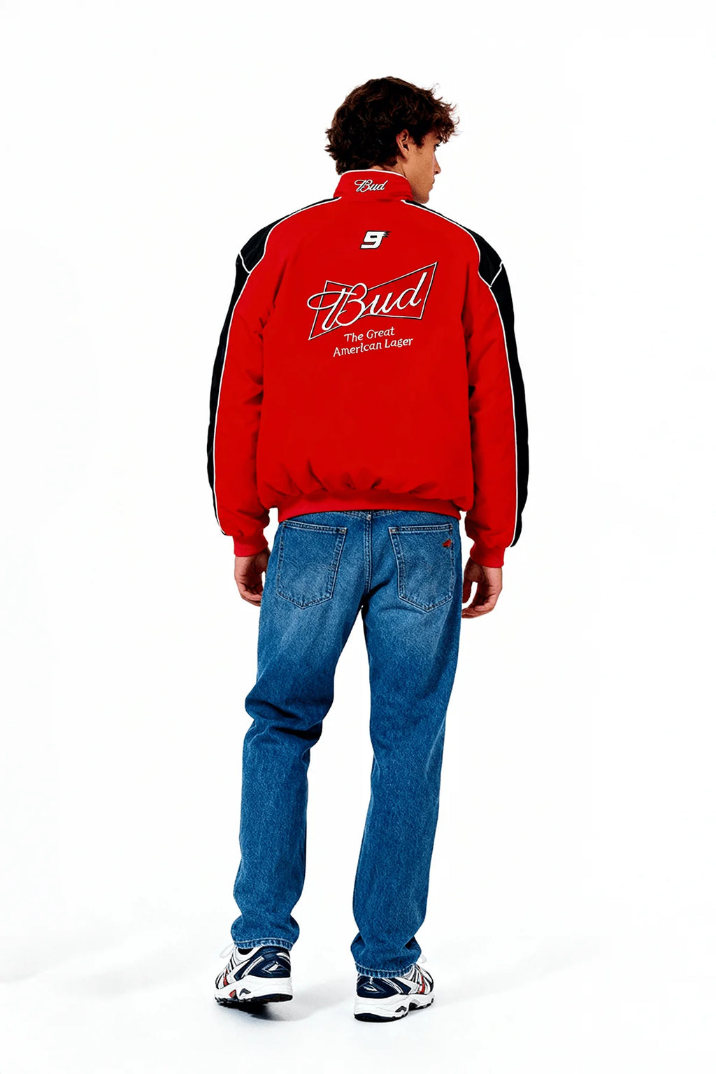 Red Bud racing jacket with black sleeves and number 9 logo, worn with jeans from revnhaus