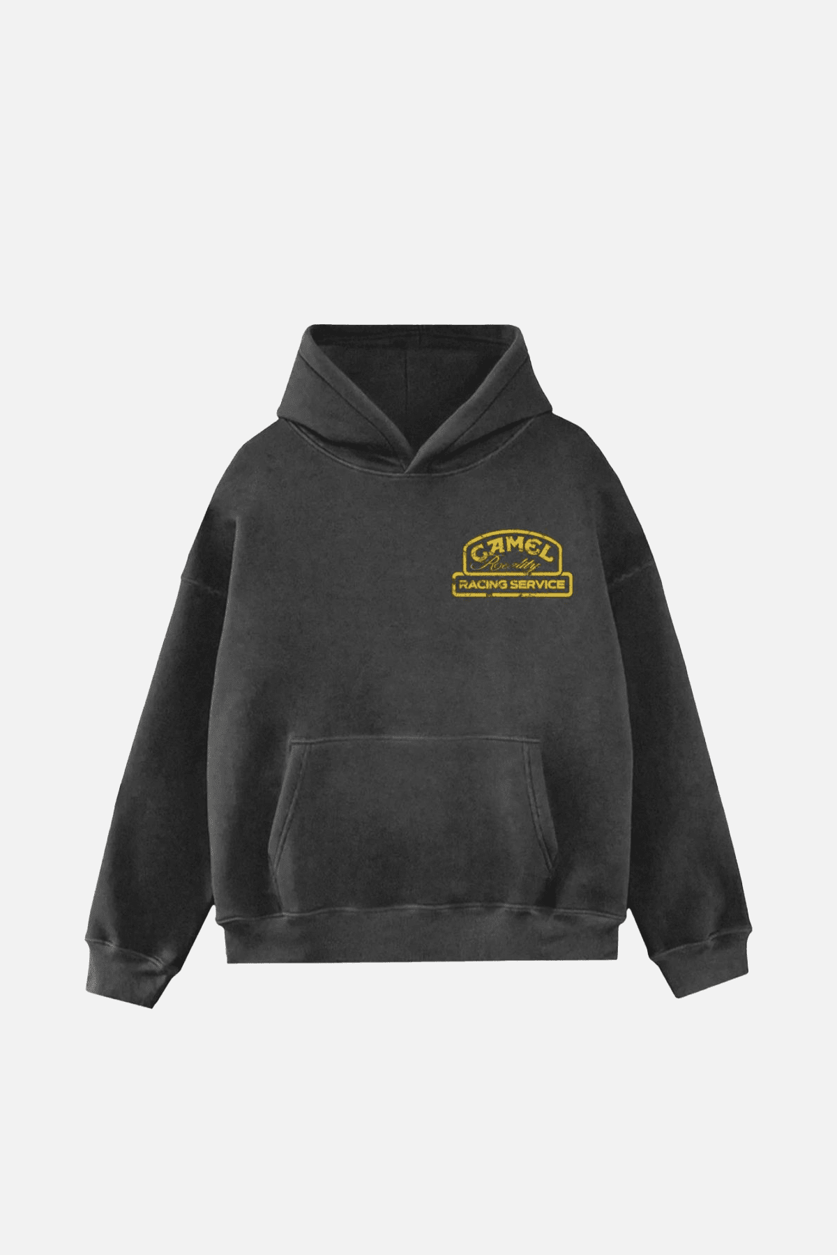 Black vintage-style hoodie with yellow Camel Racing Service logo, motorsport apparel from revnhaus