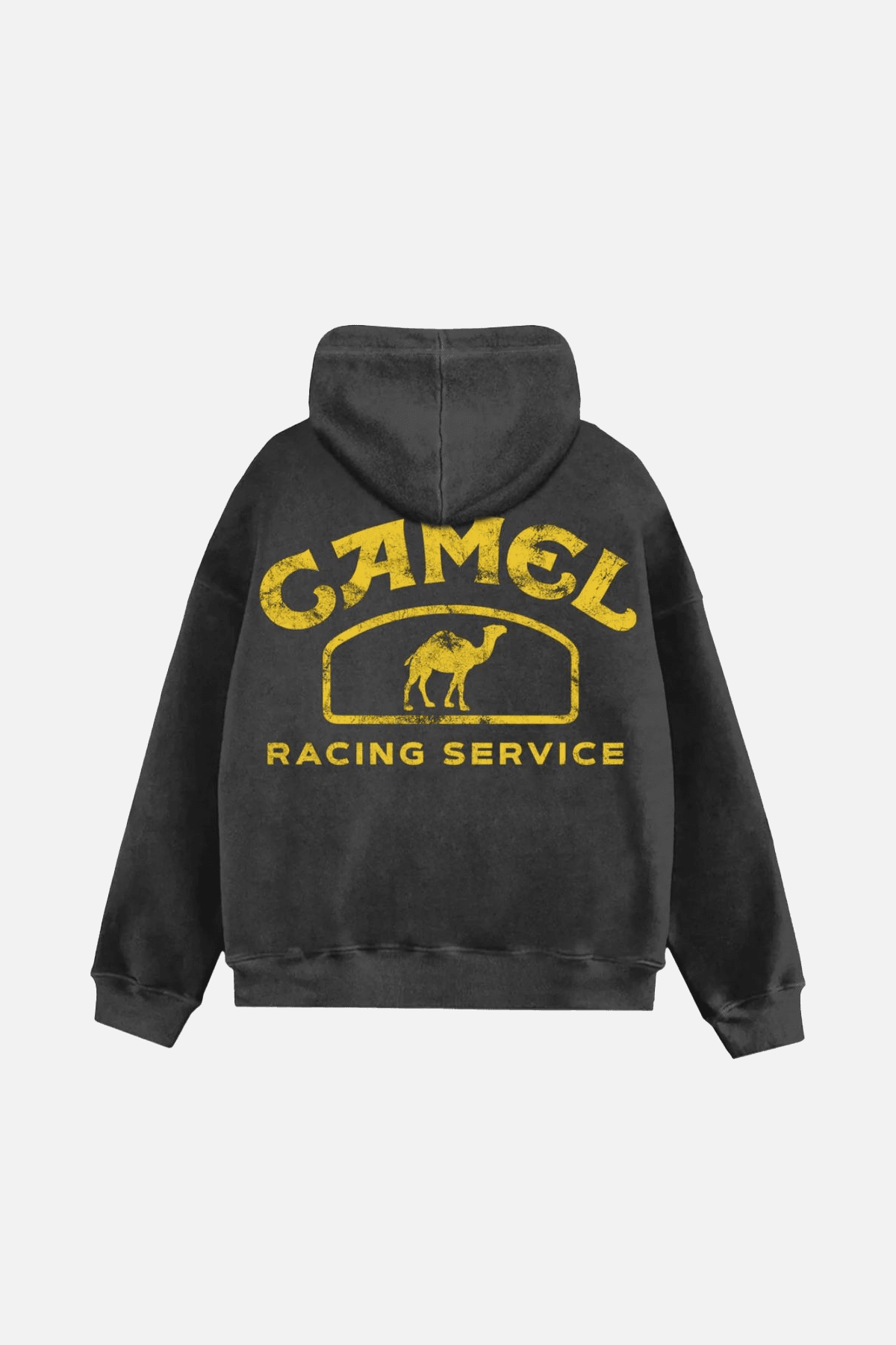 Black hoodie with vintage Camel Racing Service graphic in yellow, from revnhaus