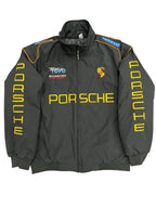 Black Porsche motorsport jacket with yellow lettering, Team TOYO logo, and Sparco patches from revnhaus