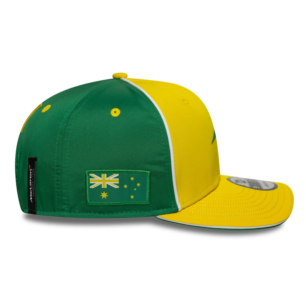 Green and yellow McLaren F1 snapback hat with Australian flag patch from revnhaus