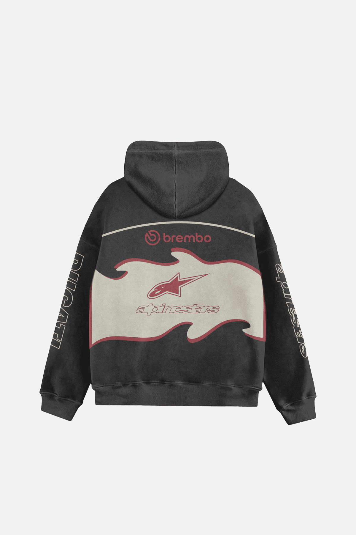 Black motorsport hoodie with Brembo and Alpinestars logos, flame design, from revnhaus