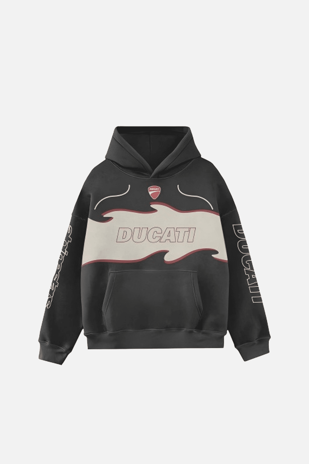 Black Ducati hoodie with flame graphic and logo, motorsport apparel from revnhaus