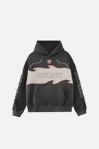 Black Ducati hoodie with flame graphic and logo, motorsport apparel from revnhaus