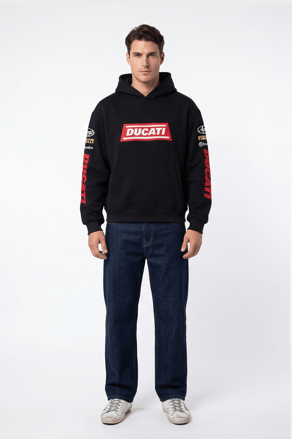 Black Ducati racing hoodie with red logo and sleeve graphics, styled with jeans from revnhaus