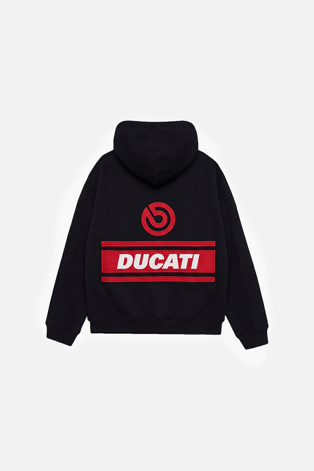 Black Ducati hoodie with red logo and white text, motorsport apparel from revnhaus