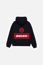 Black Ducati hoodie with red logo and white text, motorsport apparel from revnhaus