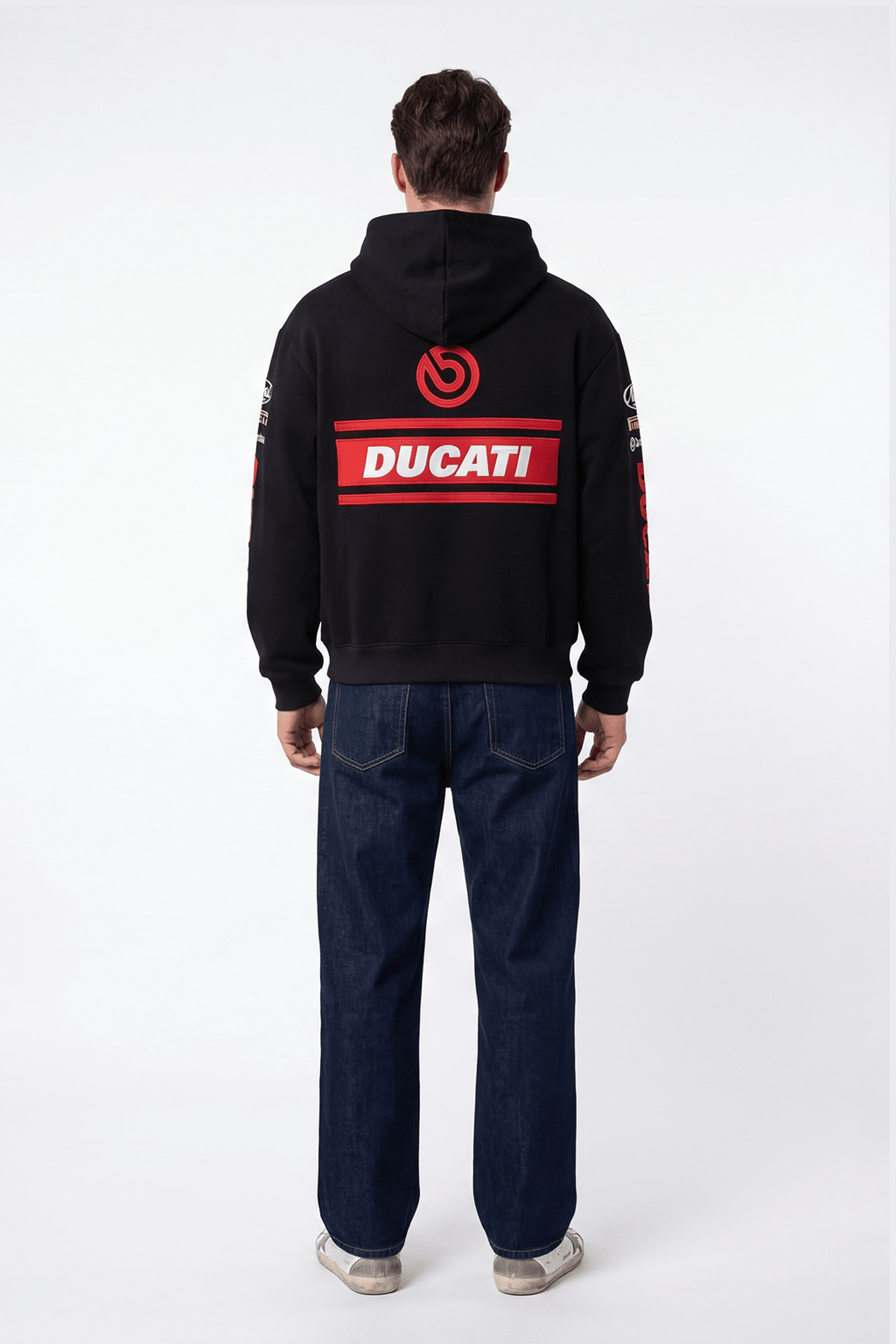 Black Ducati hoodie with red logo and racing graphics on back, worn with jeans from revnhaus