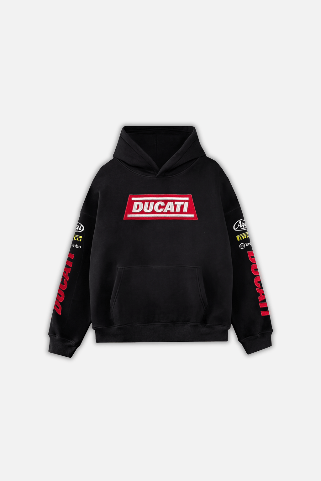 Black Ducati hoodie with red logo and sleeve graphics from revnhaus