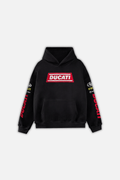 Black Ducati hoodie with red logo and sleeve graphics from revnhaus