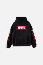 Black Ducati hoodie with red logo and sleeve graphics from revnhaus
