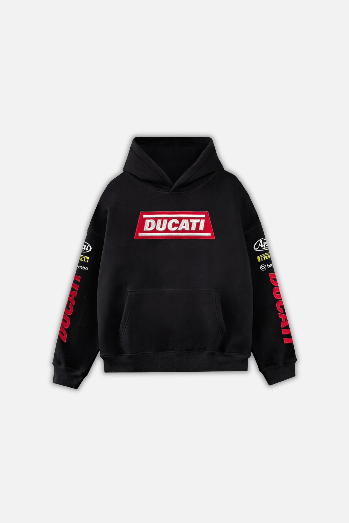 Black Ducati hoodie with red logo and sleeve graphics from revnhaus