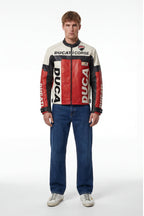 Ducati Corse leather racing jacket with red, white, black panels and bold branding from revnhaus