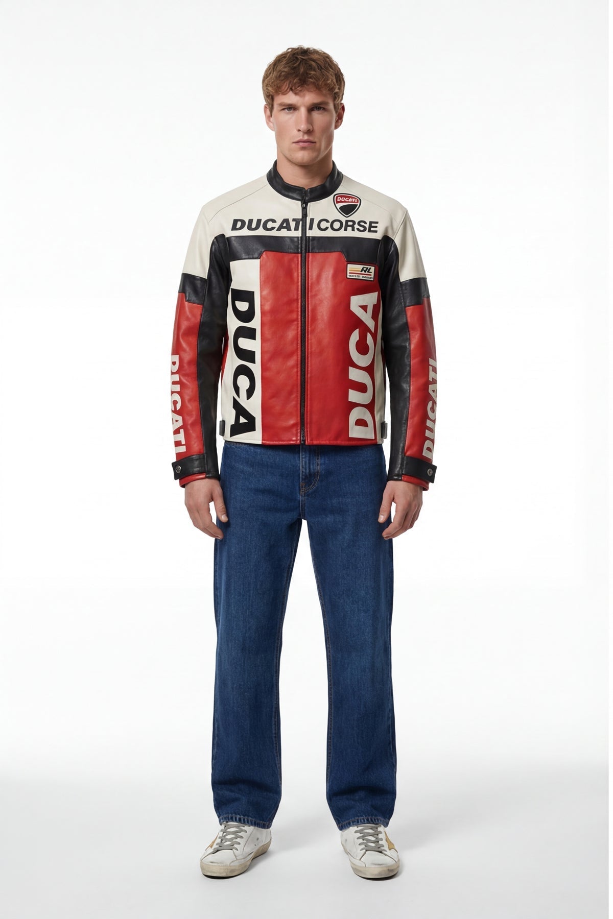 Ducati Corse leather racing jacket with red, white, black panels and bold branding from revnhaus