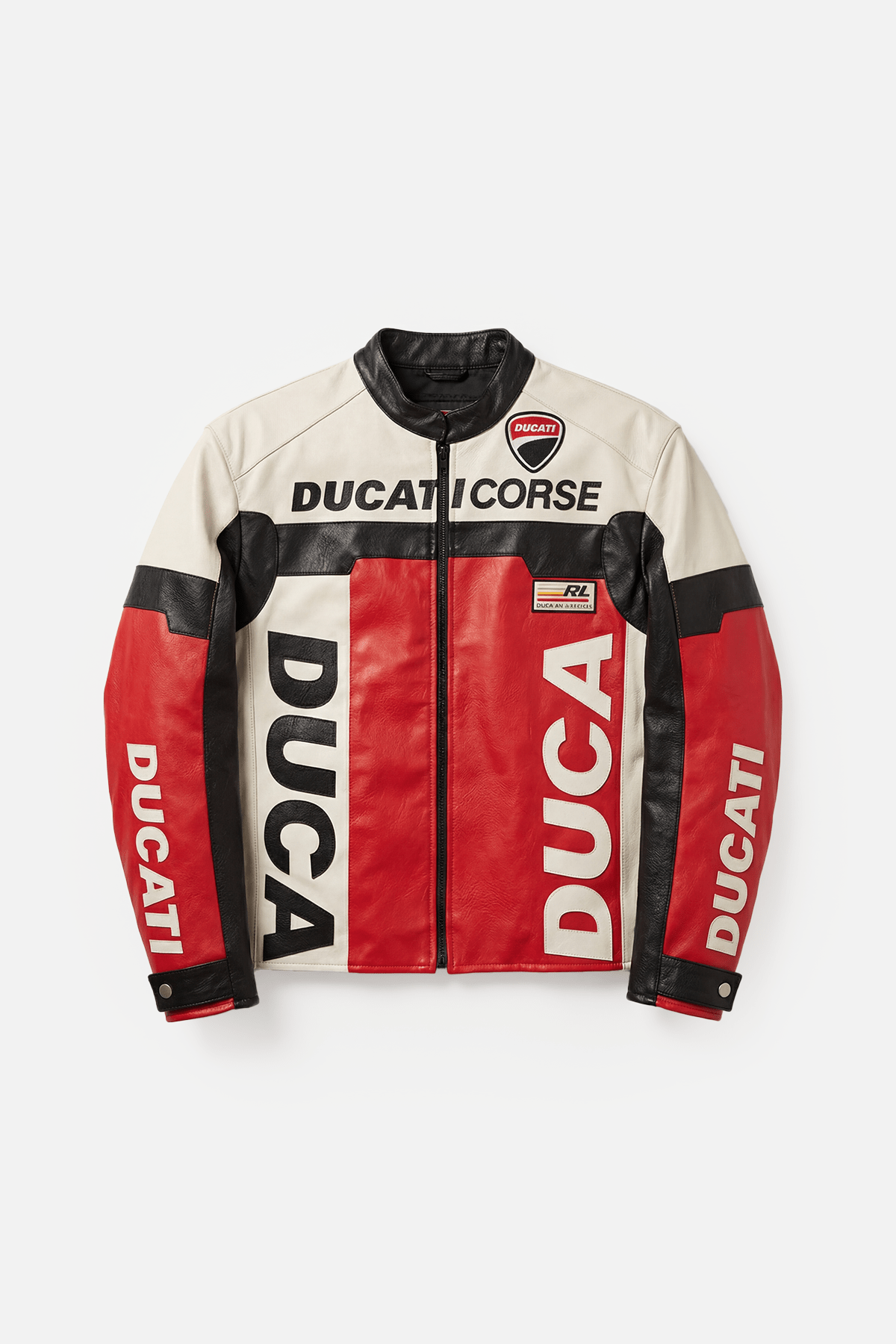 Ducati Corse leather racing jacket with red, white, black panels and bold branding from revnhaus