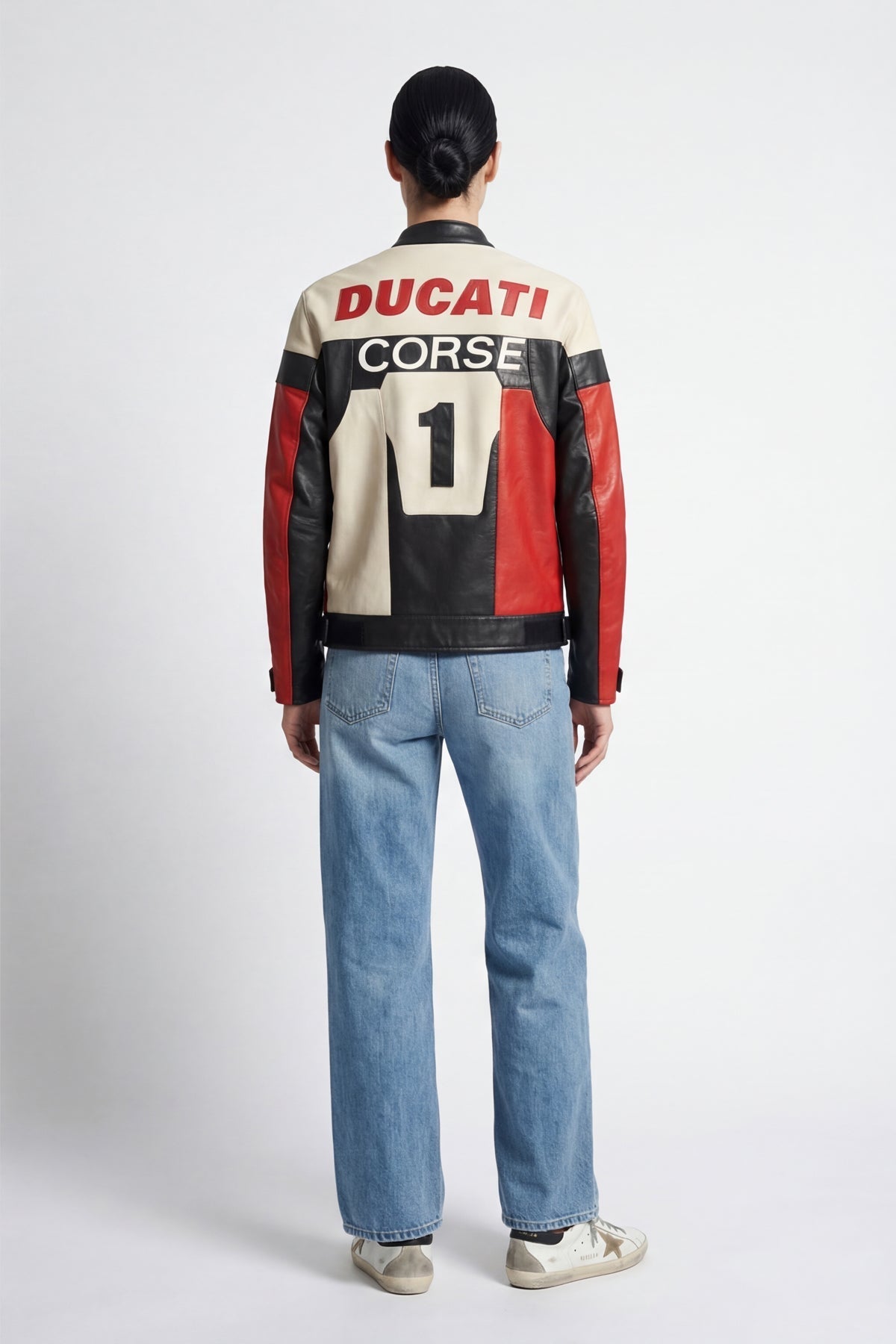 Ducati Corse racing leather jacket with number 1 back design from revnhaus