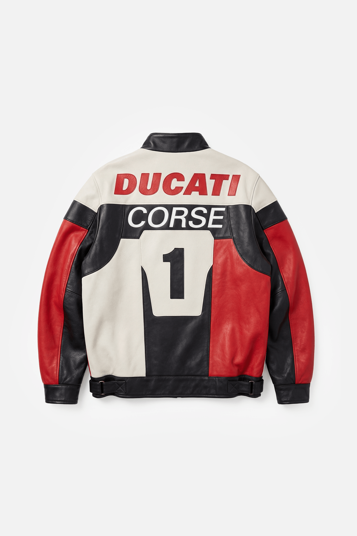 Ducati Corse racing leather jacket with red, white, black panels and number 1 back design from revnhaus