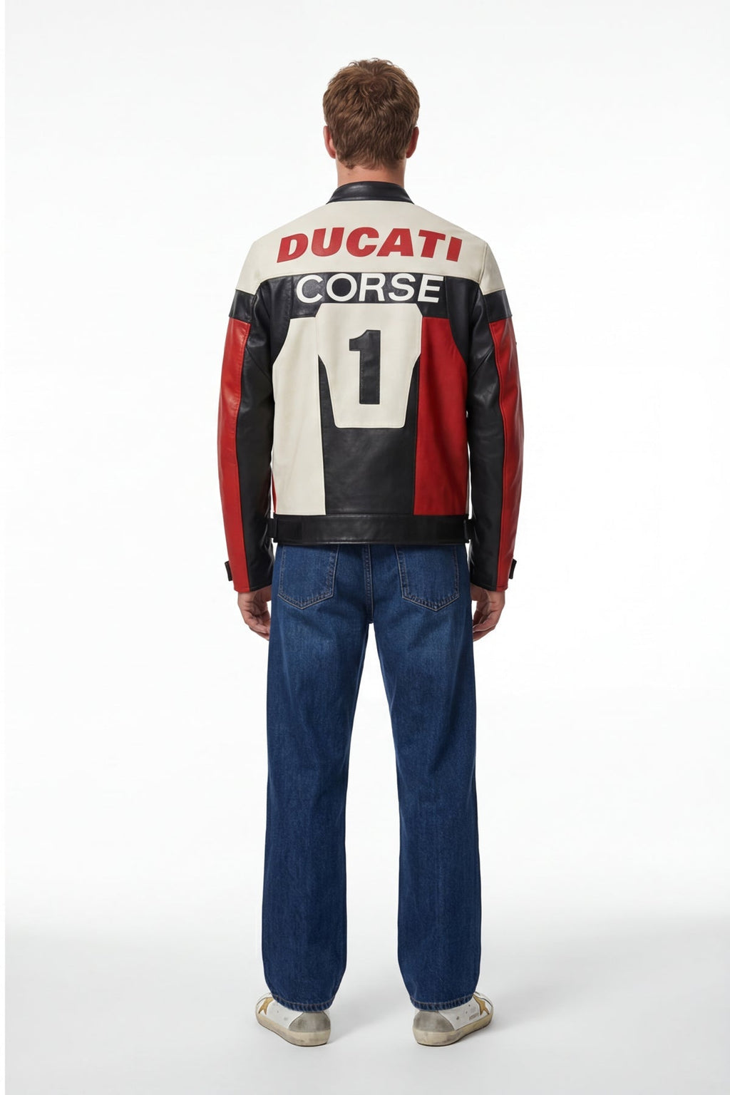 Ducati Corse racing leather jacket with number 1 back design from revnhaus