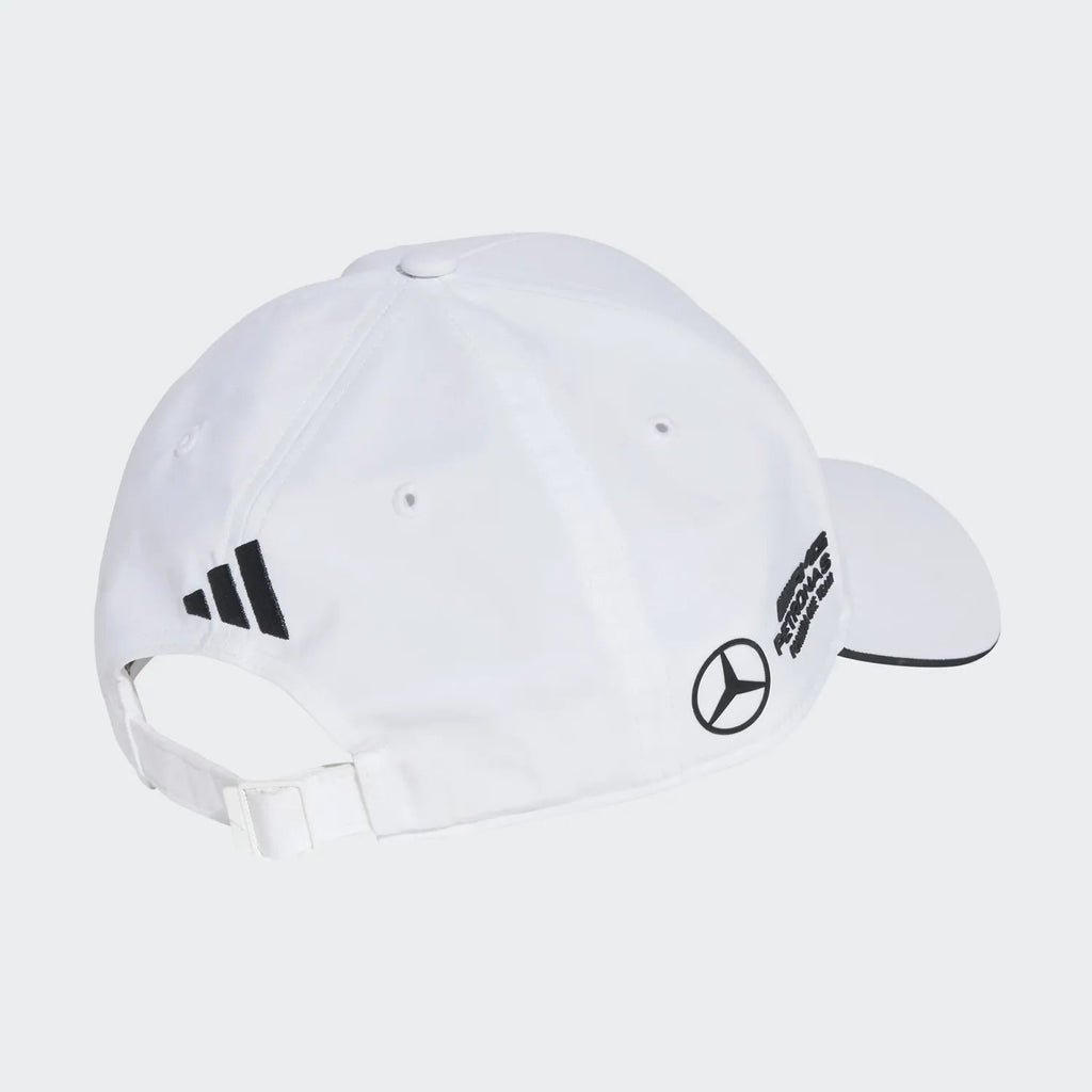 White Mercedes-AMG Petronas F1 Team cap with Adidas logo, motorsport apparel from revnhaus