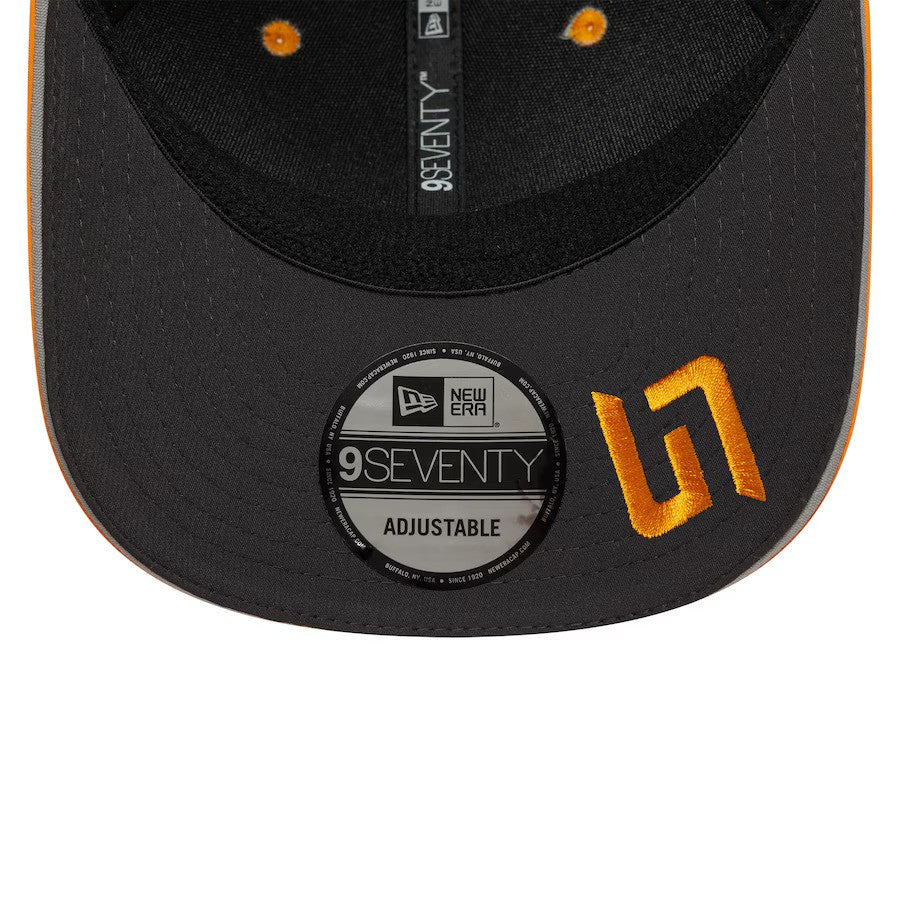 Black New Era 9FIFTY adjustable cap with orange logo and stitching from revnhaus