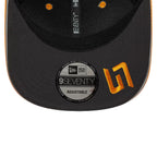 Black New Era 9FIFTY adjustable cap with orange logo and stitching from revnhaus