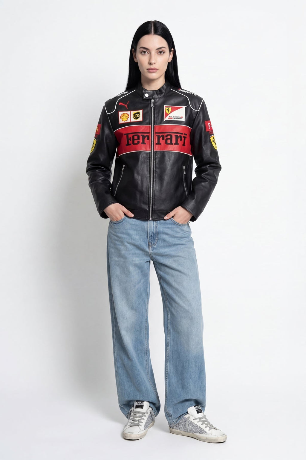 Ferrari F1 racing leather jacket with Shell and UPS logos, styled with jeans and sneakers from revnhaus