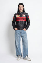 Ferrari F1 racing leather jacket with Shell and UPS logos, styled with jeans and sneakers from revnhaus