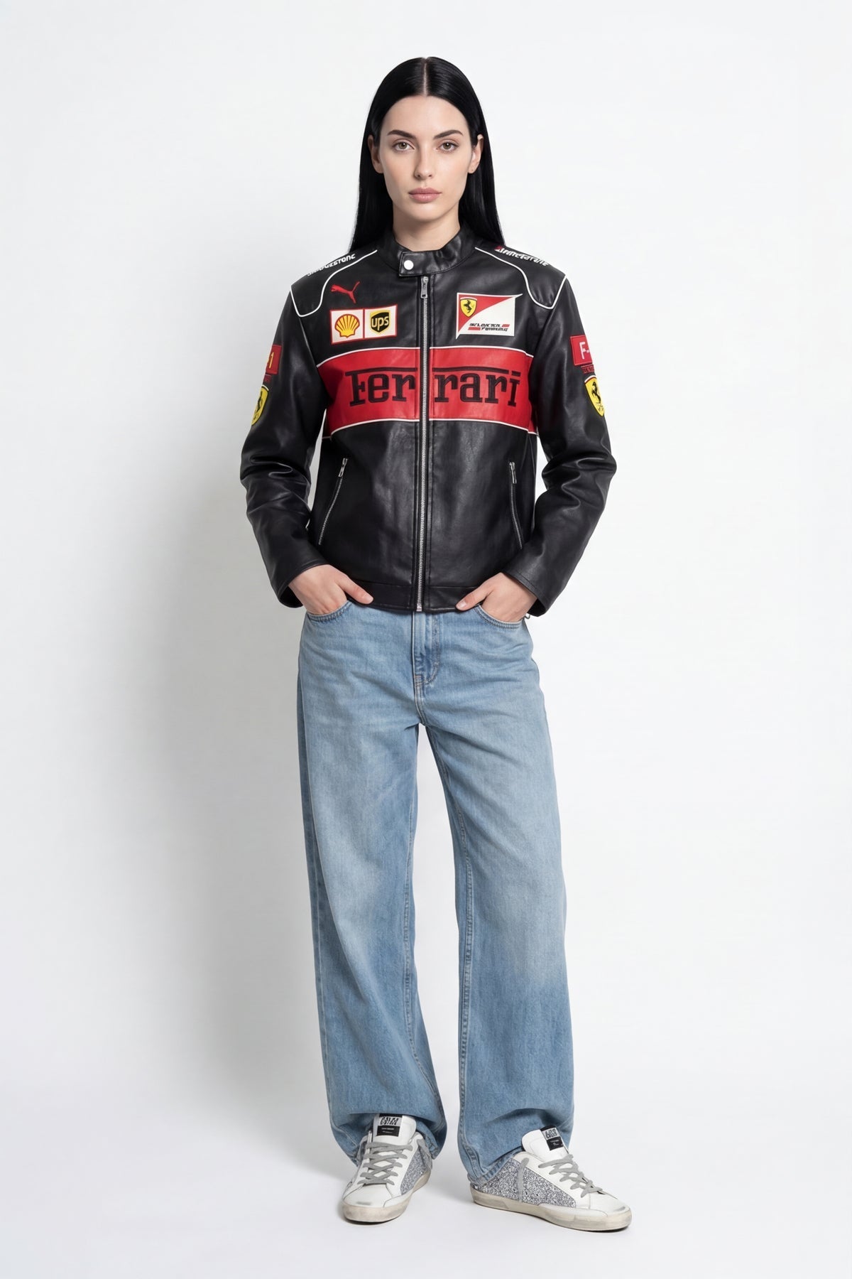 Ferrari F1 racing leather jacket with Shell and UPS logos, styled with jeans and sneakers from revnhaus
