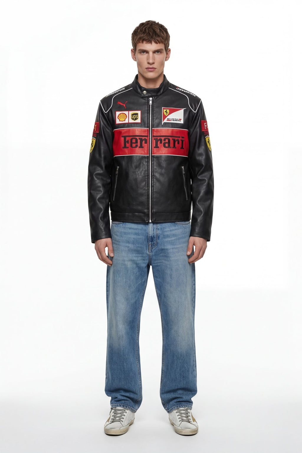 Ferrari F1 racing leather jacket with Shell and UPS logos, styled with jeans from revnhaus