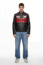 Ferrari F1 racing leather jacket with Shell and UPS logos, styled with jeans from revnhaus