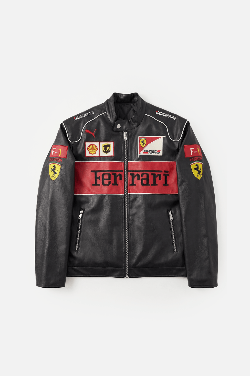 Black Ferrari F1 racing leather jacket with Shell, UPS, Bridgestone logos from revnhaus