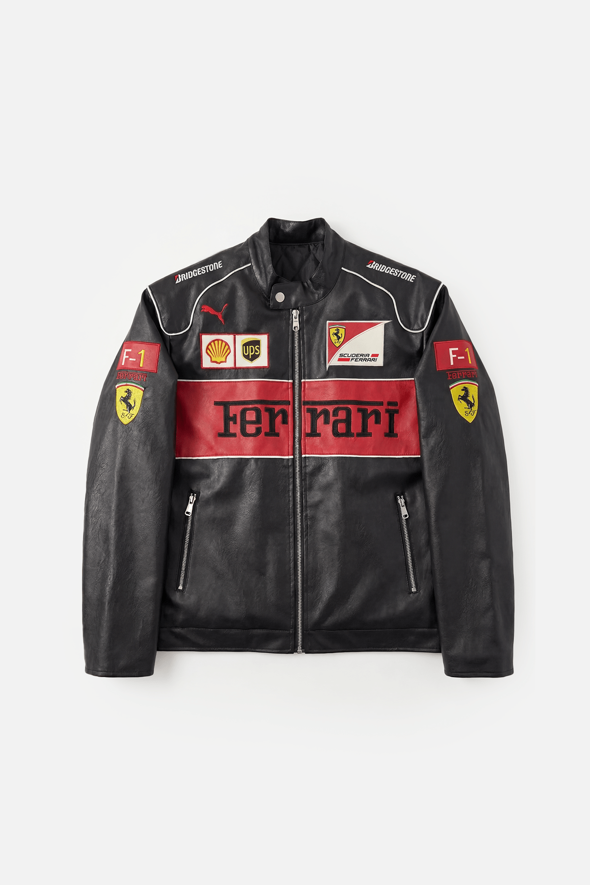 Black Ferrari F1 racing leather jacket with Shell, UPS, Bridgestone logos from revnhaus
