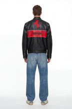 Black Ferrari leather racing jacket with red prancing horse logo and stripe, from revnhaus