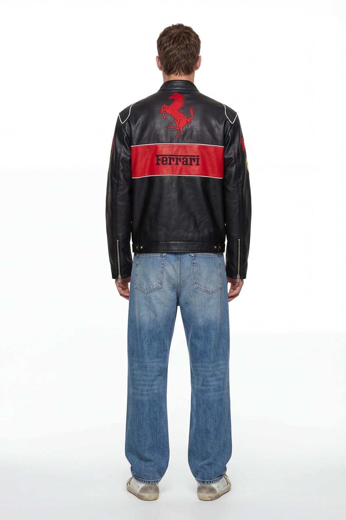 Black Ferrari leather racing jacket with red prancing horse logo and stripe, from revnhaus