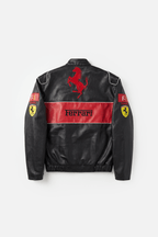 Black Ferrari racing jacket with red prancing horse, F1 logos, and stripe detail from revnhaus