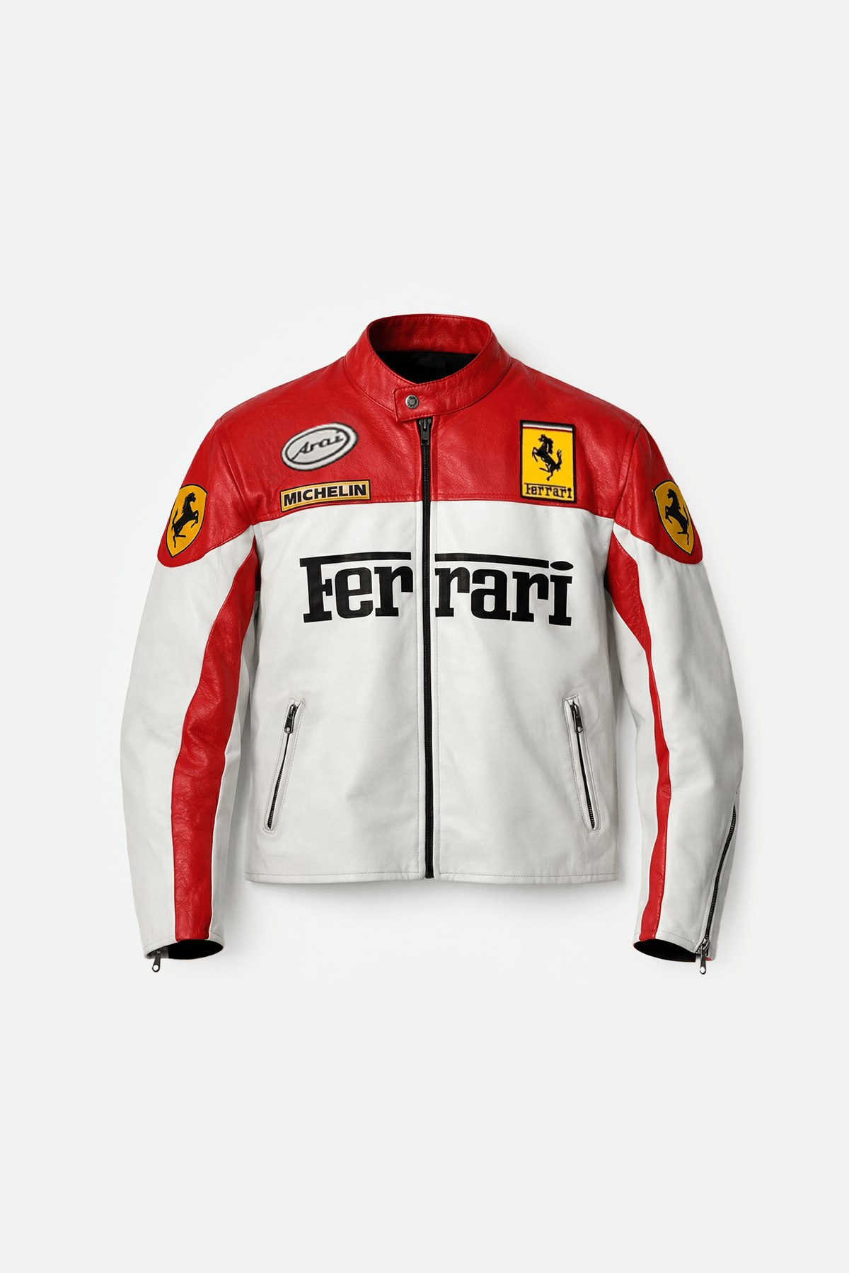 Red and white Ferrari racing leather jacket with Michelin and Arai logos from revnhaus