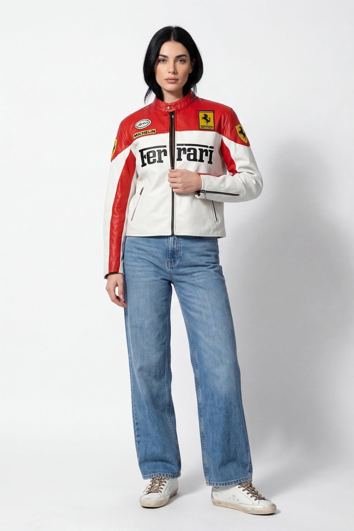 Red and white Ferrari racing jacket with Michelin logo, worn with jeans from revnhaus
